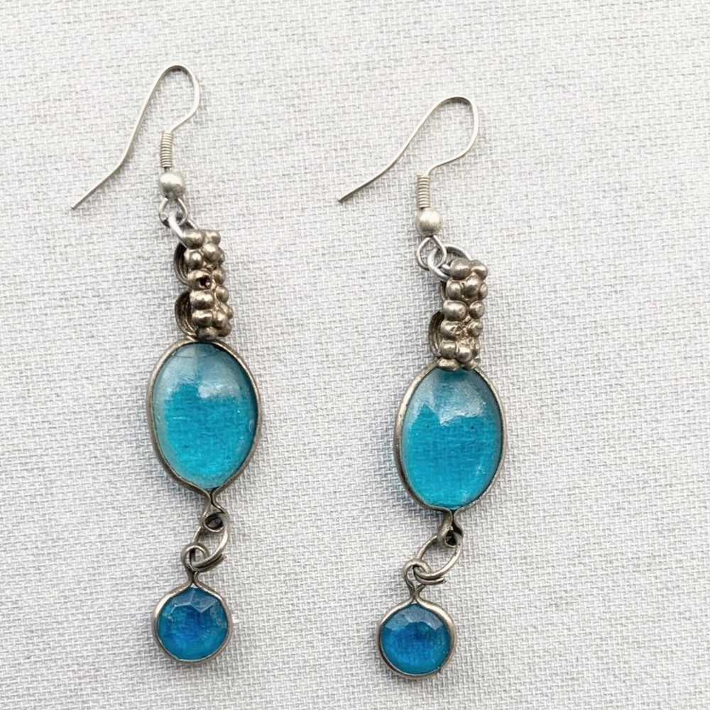VINTAGE SILVER TONE & FAUX AQUAMARINE FASHION DANGLE DROP EARRINGS ART DECO 90’S